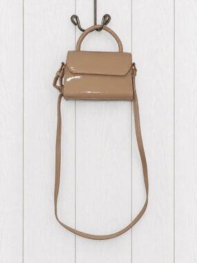 Beige Patent Finish Small Crossbody Top Handle Bag Snap Gold Hardware